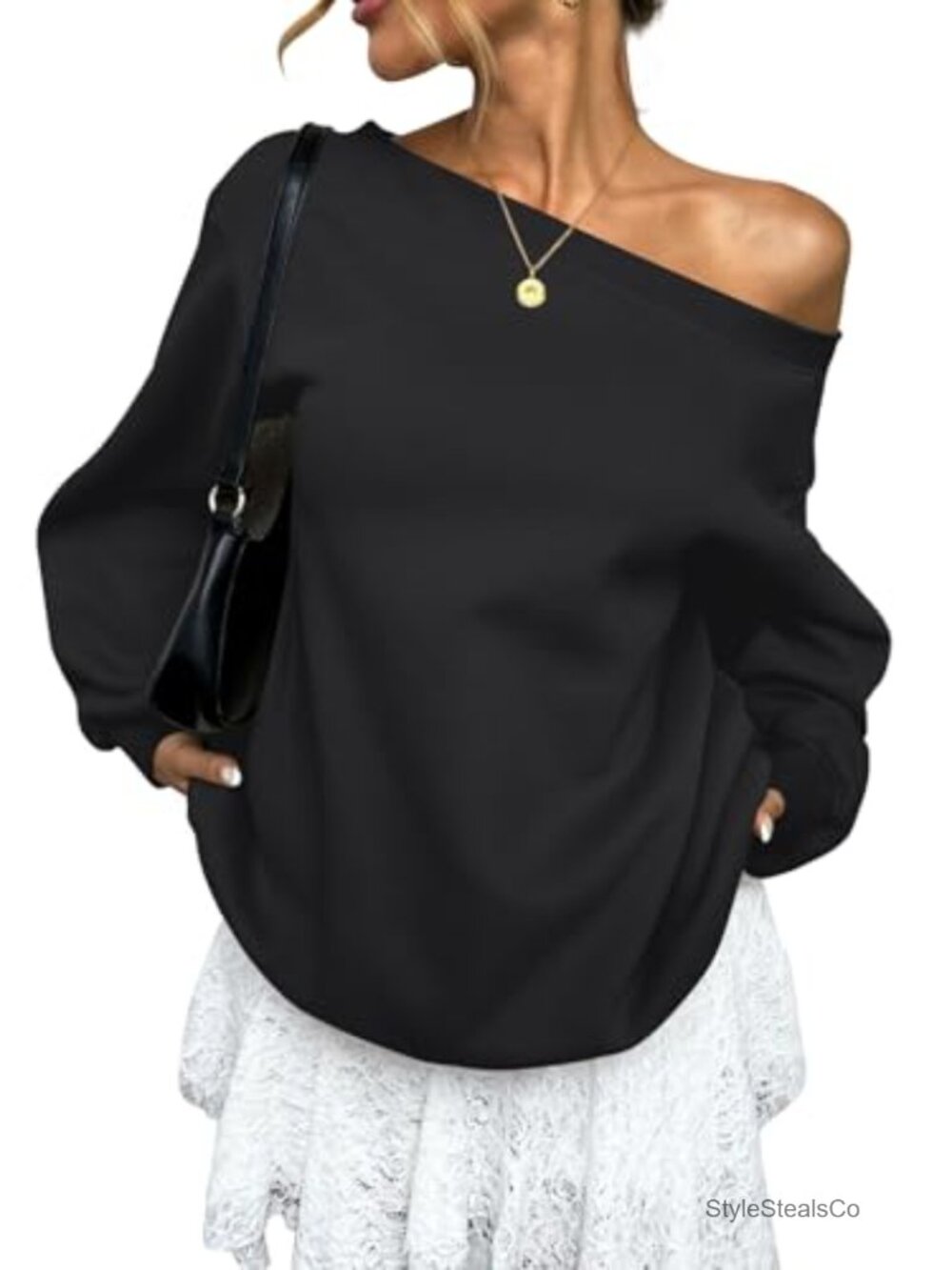 Oversized Fleece Sweatshirt Off Shoulder Pullover Top Long Sleeve